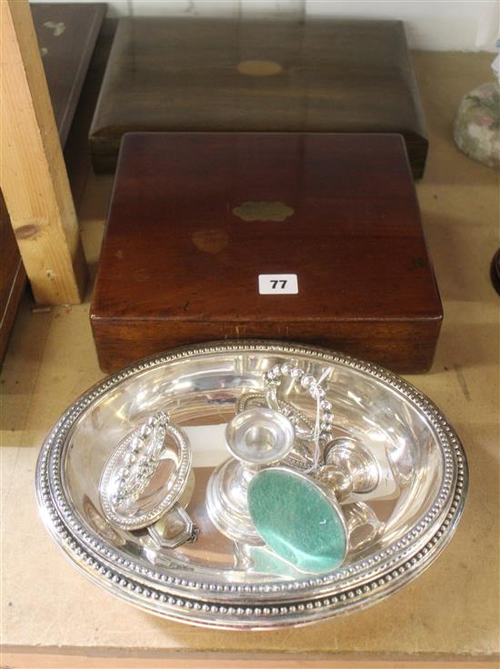 Pair of silver dwarf candlesticks, wine label, pair entree dishes & covers, set of fish eaters, cased & another of fruit eaters (Q)